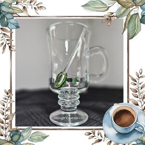 Set Of Glass Irish Coffee Hot / Cold Footed Clear Mug & Emerald City Green Spoon